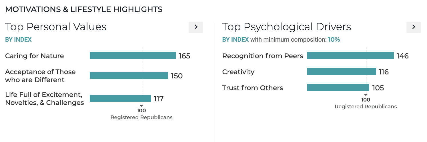 These data points are an example of how online behavior can uncover unique differences between similar voter audiences that traditional models could miss. In this case, the data show that passions around climate change and poverty issues are a consistent differentiator when contrasting two different, yet similar audiences that are considered more traditional, conservative-leaning. Lastly, let’s look at differences between the values and drivers of our two Republican groups. Not surprising given the climate change insight above, “caring for nature” was a top value the Republican gun control group over-indexed for. Other key themes were accepting those who are different, peer recognition, and creativity. 